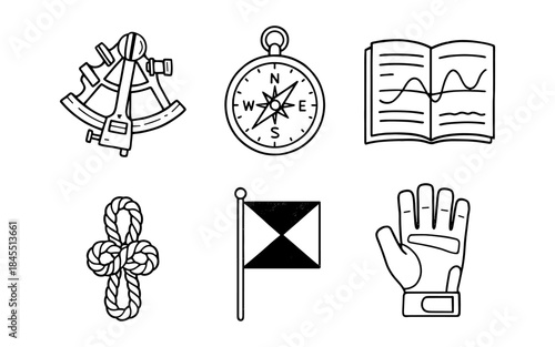 Nautical equipment and symbols in a simple line art style for navigation and sailing