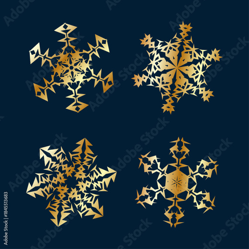 Golden vector set of winter holiday snowflakes in gold color on dark blue background flat