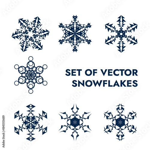 Set of winter holiday snowflakes in dark blue color on a white background flat vector winter mood
