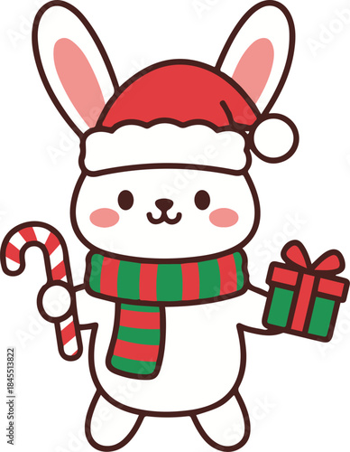 Vector illustration of an adorable white rabbit character wearing a Santa hat and striped scarf, holding a candy cane and a Christmas gift.