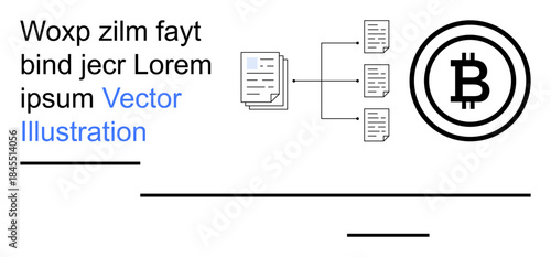 Blockchain systems, cryptocurrency, decentralized storage, digital transactions, data security, Bitcoin usage. Bitcoin symbol next to interconnected documents. Blockchain systems and cryptocurrency