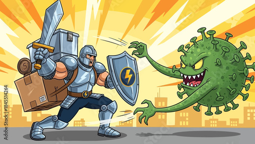 Cartoon knight battling coronavirus with sword and shield in delivery business