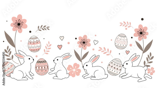 Cute Easter bunnies, decorated eggs, and pink flowers forming a festive spring border illustration.
