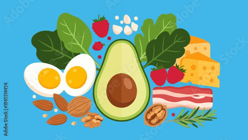 Colorful ketogenic diet illustration with various food elements on a blue background