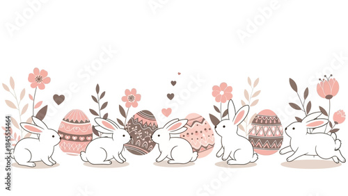 A charming Easter border illustration featuring white bunnies, decorated eggs, and delicate pink flowers and leaves on a white background.