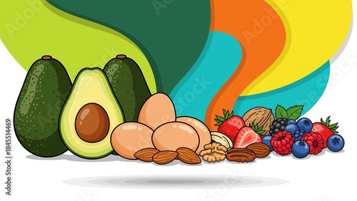 Colorful illustration showcasing a ketogenic diet composition with fresh foods