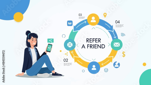 Conceptual illustration of a woman referring friends using her smartphone app