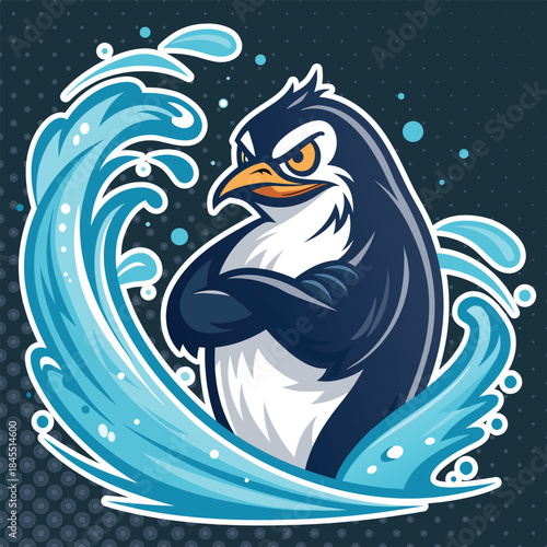 An illustration of a tough-looking penguin with its arms crossed, standing in a dynamic wave of water, against a dark, speckled background. The style is graphic and bold.