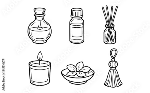 Set of hand-drawn spa and aromatherapy icons including essential oil bottles and reed diffuser