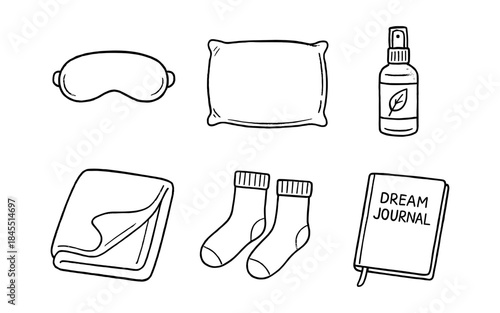 Doodle illustration of sleep essentials including a mask, pillow, spray, blanket, socks, and journal