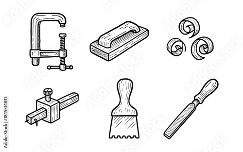 Collection of hand-drawn woodworking tools and materials in a vintage sketch style