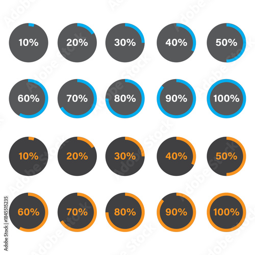 Infographics elements. Percentage round diagrams icons for infographics from 0 to 100 percent. Colour fill divided pie charts indicators in green, grey. Circle graph loading progress mockup.