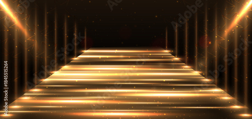 Glowing Golden Runway with Light Beams and Sparkles