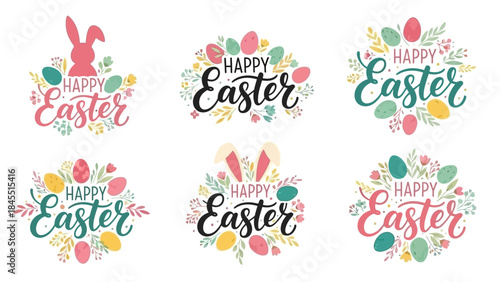 Six vibrant Happy Easter designs featuring calligraphic text, colorful eggs, floral elements, and bunny motifs, perfect for spring holiday celebrations.