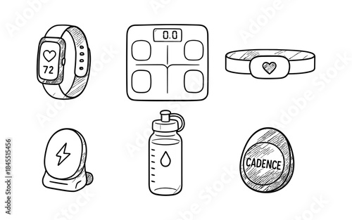 Hand-drawn fitness tracker, scale, heart rate monitor, charger, water bottle, and cadence sensor