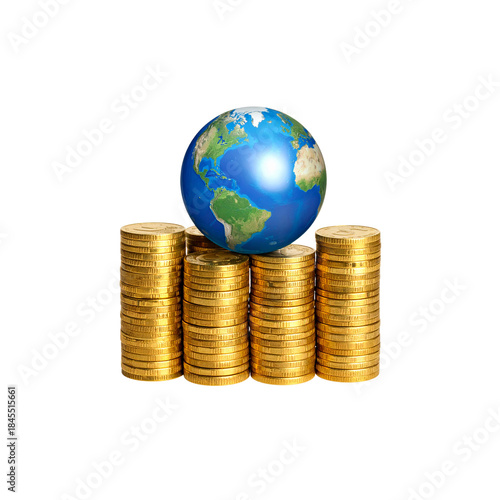 Global business finance concept: Stacked coins and a golden globe on a white background