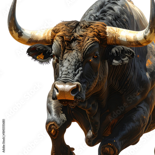 A farm cow with horns against a white background