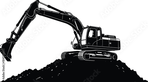 Silhouette of a heavy excavator machine working on a dirt mound, construction equipment performing digging operations on a job site in industrial settings.