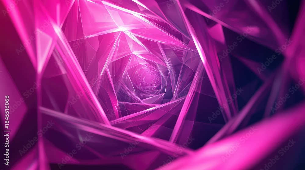 Fototapeta premium Abstract tunnel structure creating a mesmerizing perspective with luminous pink and purple polygonal shapes reflecting light, symbolizing technology and digital concepts