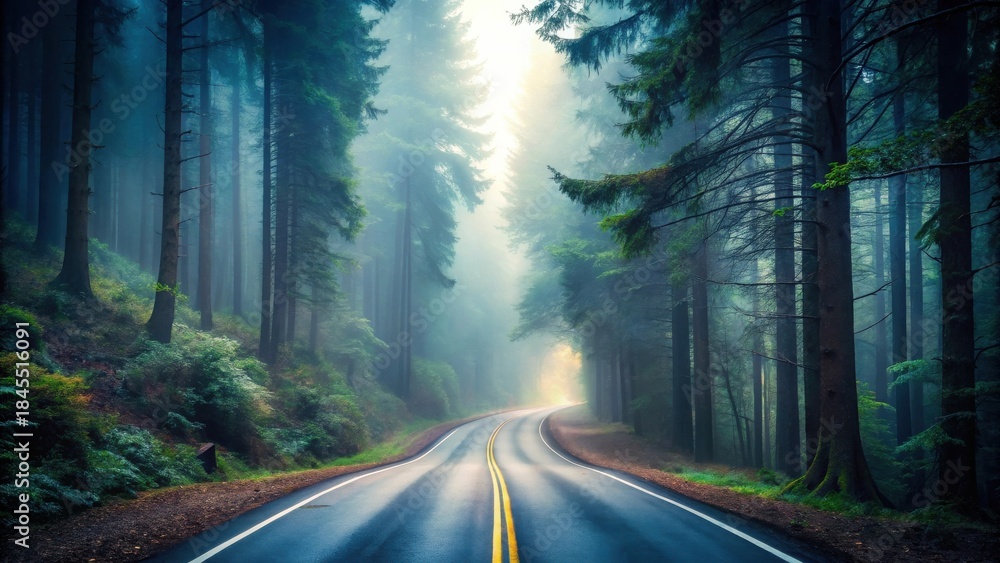 Fototapeta premium Serene winding road through a mystical evergreen forest bathed in soft morning light