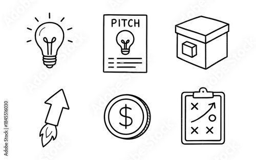 Doodle icons representing startup business concepts like ideas, pitch, and growth