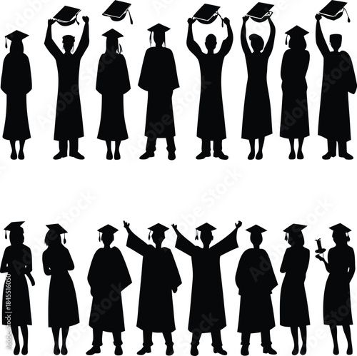 Silhouettes of graduating students celebrating their academic success with joy