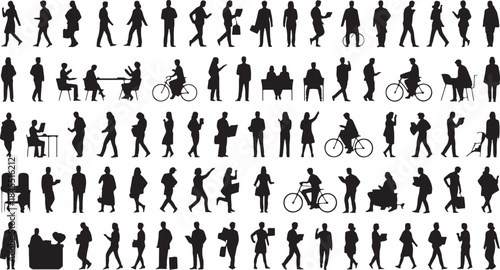 Human Silhouette Set — Mixed Daily Life Activities Collection — Solid Black People Icons for UI Design, Architecture Diagrams, Branding, and Infographics — Editable Vector Template.