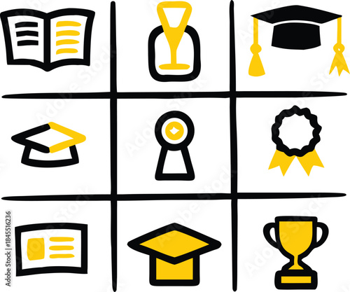 Simple icon set representing academic success and graduation achievements