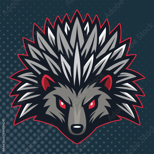 Stylized hedgehog face logo with sharp quills red eyes on dark background