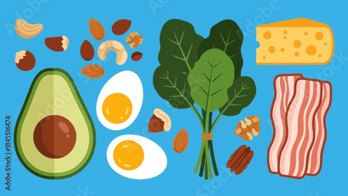 Illustration featuring keto diet food options, promoting healthy lifestyle choices and dieting