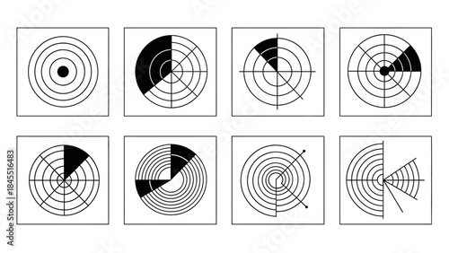 Abstract circular diagrams and charts with segmented sections in a grid