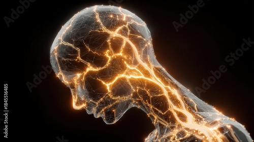 Human head made of glowing lines showing thoughts and ideas in dark background