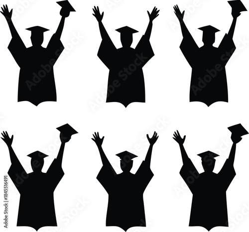 Graduation celebration silhouettes of six students with arms raised and caps in hand