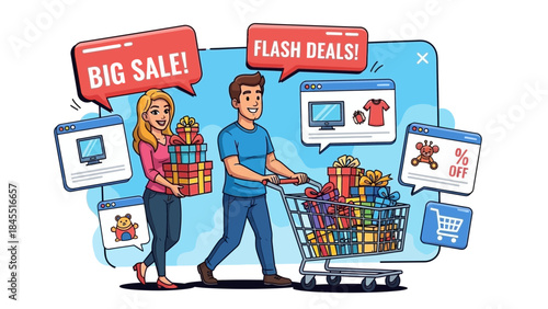 Online shopping couple during big sale and flash deals with gifts, boxes and discounts