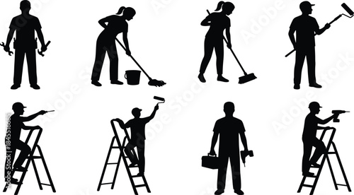 Silhouette workers performing cleaning painting repairing and ladder tasks, representing labor industry maintenance teamwork household chores construction tools and professional workplace activities.