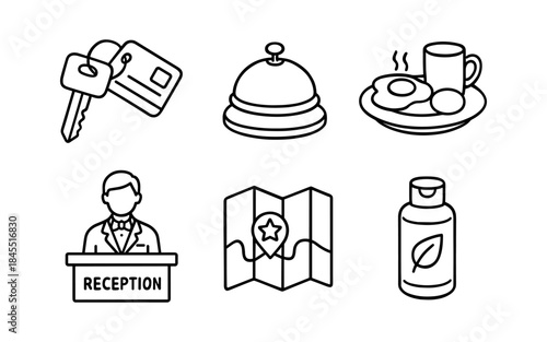 Hotel service icons including keys, reception, breakfast, and amenities