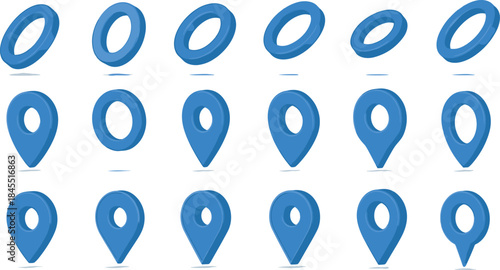 Geometric Morphing Sequence from Torus to Map Pin Using 3D Blue Shapes in Grid Layout for Design and Animation Reference