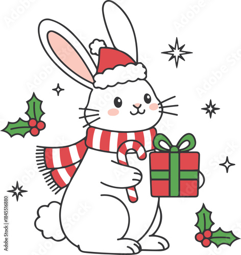 Vector illustration of a festive white rabbit wearing a Santa hat and striped scarf, holding a Christmas gift and candy cane, surrounded by holly and stars.