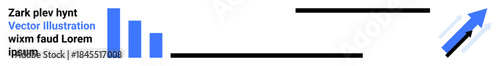 Business trends, data analytics, marketing progress, growth strategy, future planning, corporate goals. Blue arrow, bar chart and text in minimalist design. Data analytics and business trends