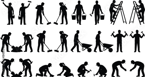 Silhouette workers performing construction, painting, lifting, hammering, digging, and cleaning tasks, showcasing various manual labor activities for industry, teamwork, crafts