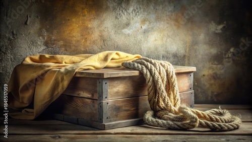 Rustic Wooden Crate with Draped Fabric and Nautical Rope, a Still Life Composition Perfect for Vintage or Maritime Themes