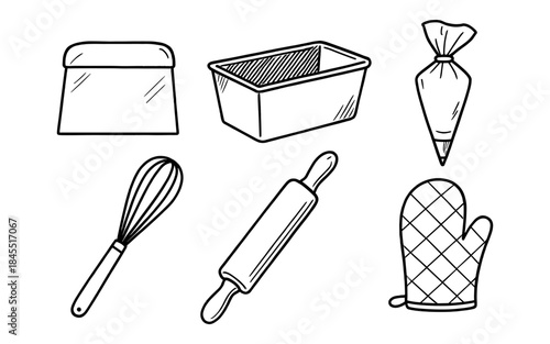 Collection of hand-drawn baking tools including a whisk, rolling pin, and piping bag