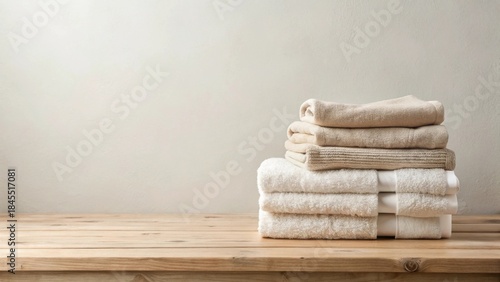 A neat stack of fluffy towels, various shades of beige and white, rests on a light wood surface against a neutral backdrop