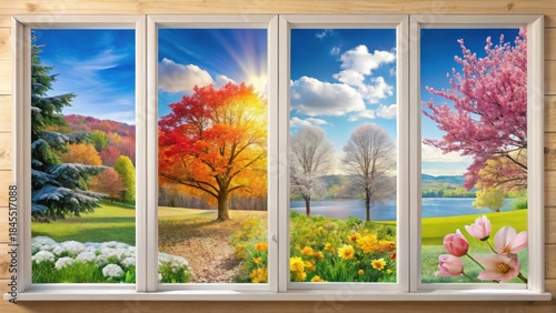 Serene Seasonal Views from a Wooden Framed Window Displaying the Complete Cycle of Nature's Beauty