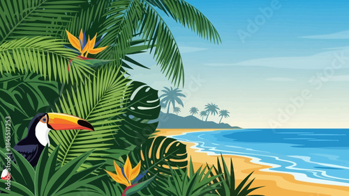 Tropical paradise scene with toucan, palm trees, and ocean view illustration