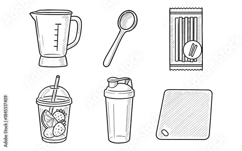 Hand-drawn icons of kitchen tools and ingredients for healthy drinks