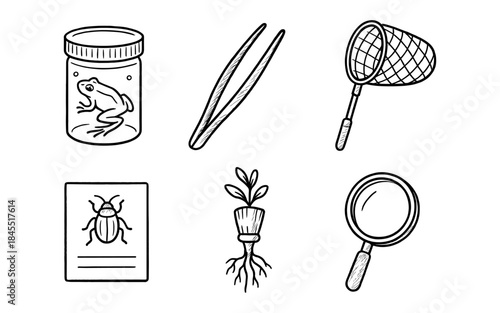 Collection of hand-drawn science and nature exploration tools and specimens