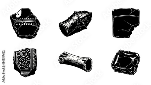 Ancient artifacts illustration black and white depiction of archaeological finds
