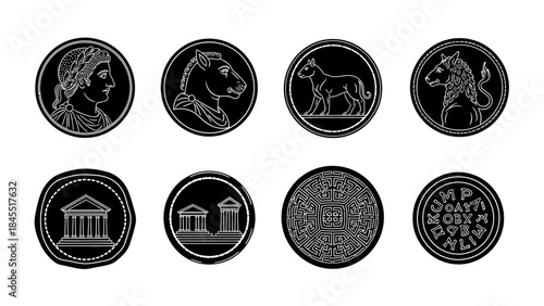 Ancient greek coin designs symbolic representations in black and white