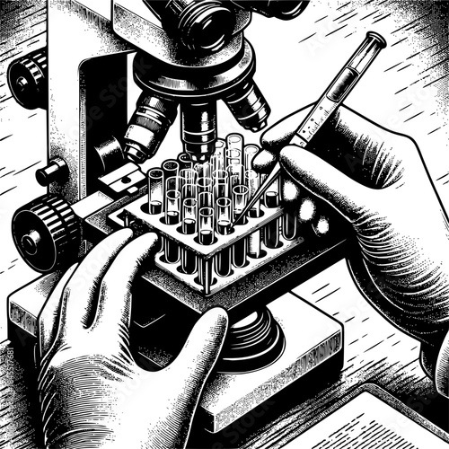 Scientific Discovery under the Lens: A meticulous scientist conducts a crucial experiment, meticulously manipulating a pipette and test tubes beneath the watchful eye of a microscope in a laboratory.